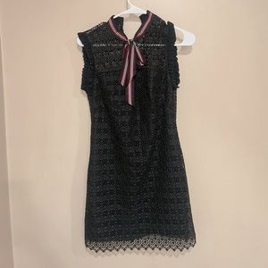 Elegant Black Lace Dress with Striped Bow